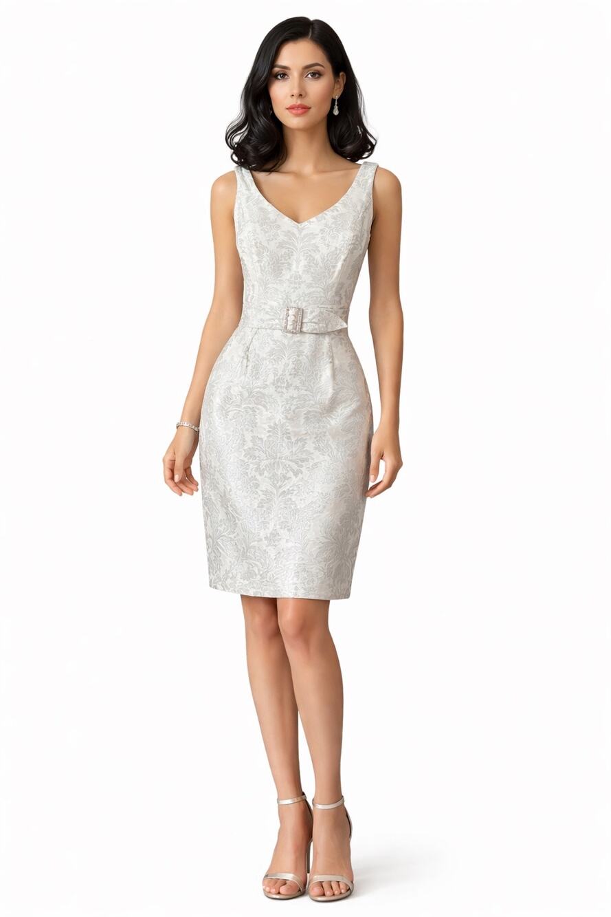 1990s Atelier Tracy & Michael White Silver Brocade Sheath Dress XS style 252L7